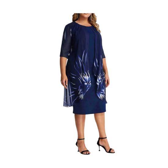 Women Dress Round Neck Half Sleeve Printing Shawl Design Plus Size Dress Loose Hem Slimming Casual Dress Office Party Wear