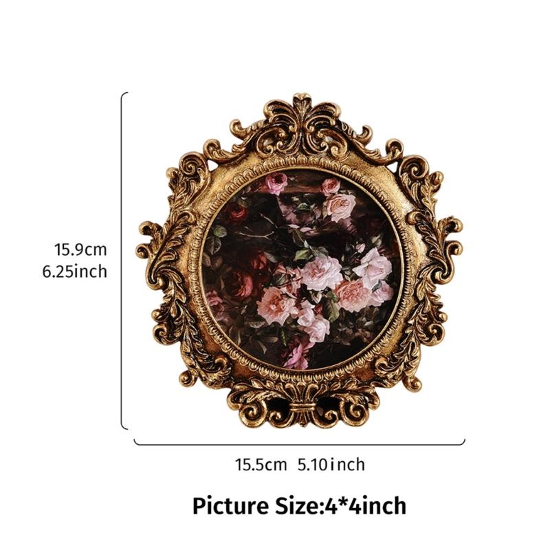 Elegant Baroques Resins Photo Frame with Antique Design Vintage Round Golden Picture Frame Wall Hanging or Desktop
