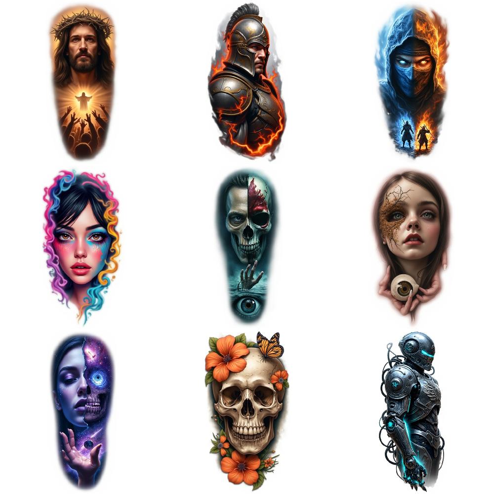 9pcs Temporary Tattoo Realistic Temporary Tattoos Butterfly Skull Raven Skeleton Cyborg Girl For Male Thighs Back