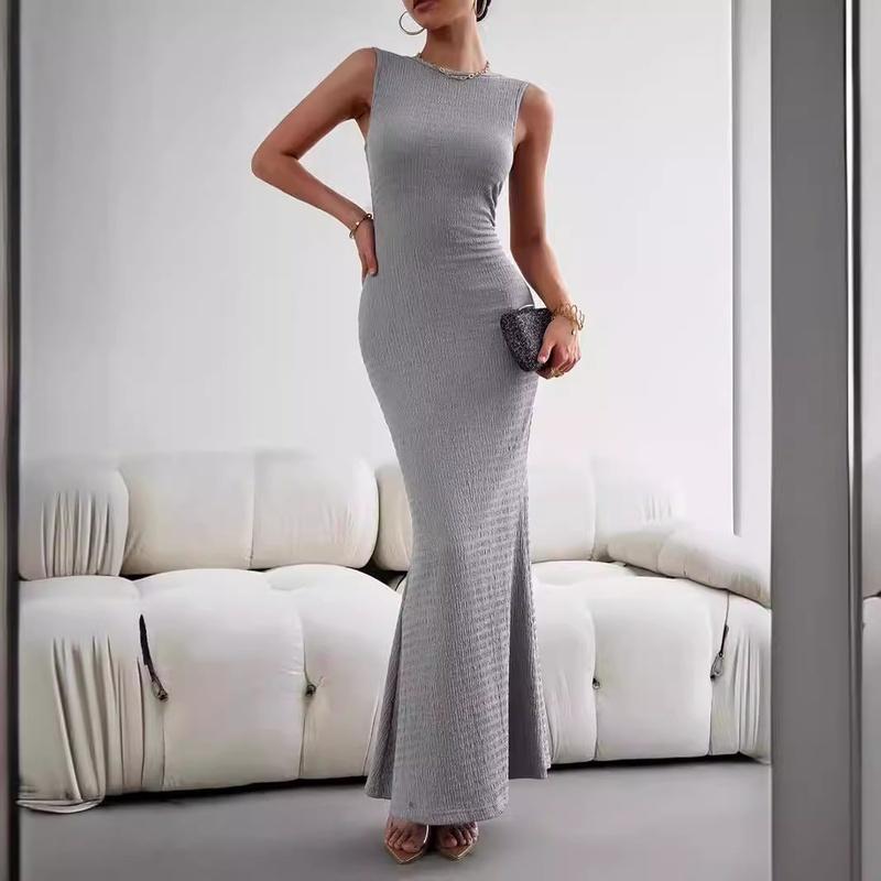 Women's Sleeveless Maxi Dress Crew Neck Slim Fit Textured Long Elegant Casual Dress