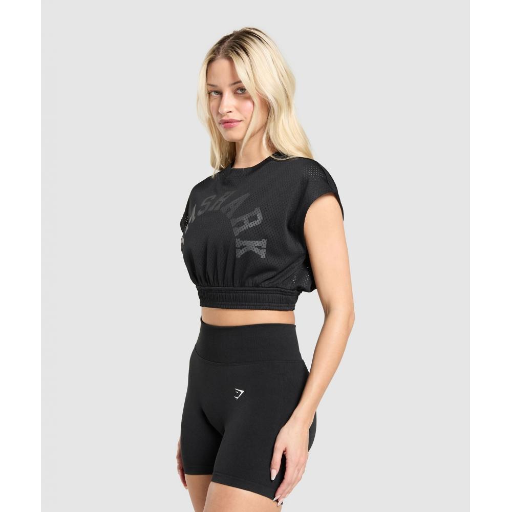 Gymshark Mesh Graphic Crop Top Black B4b1l Bb2j