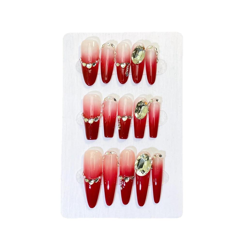 Handmade Rhinestone Wine Red Gradient Press-on Nails – High-End, Long Ladder Style, Full of Aura.