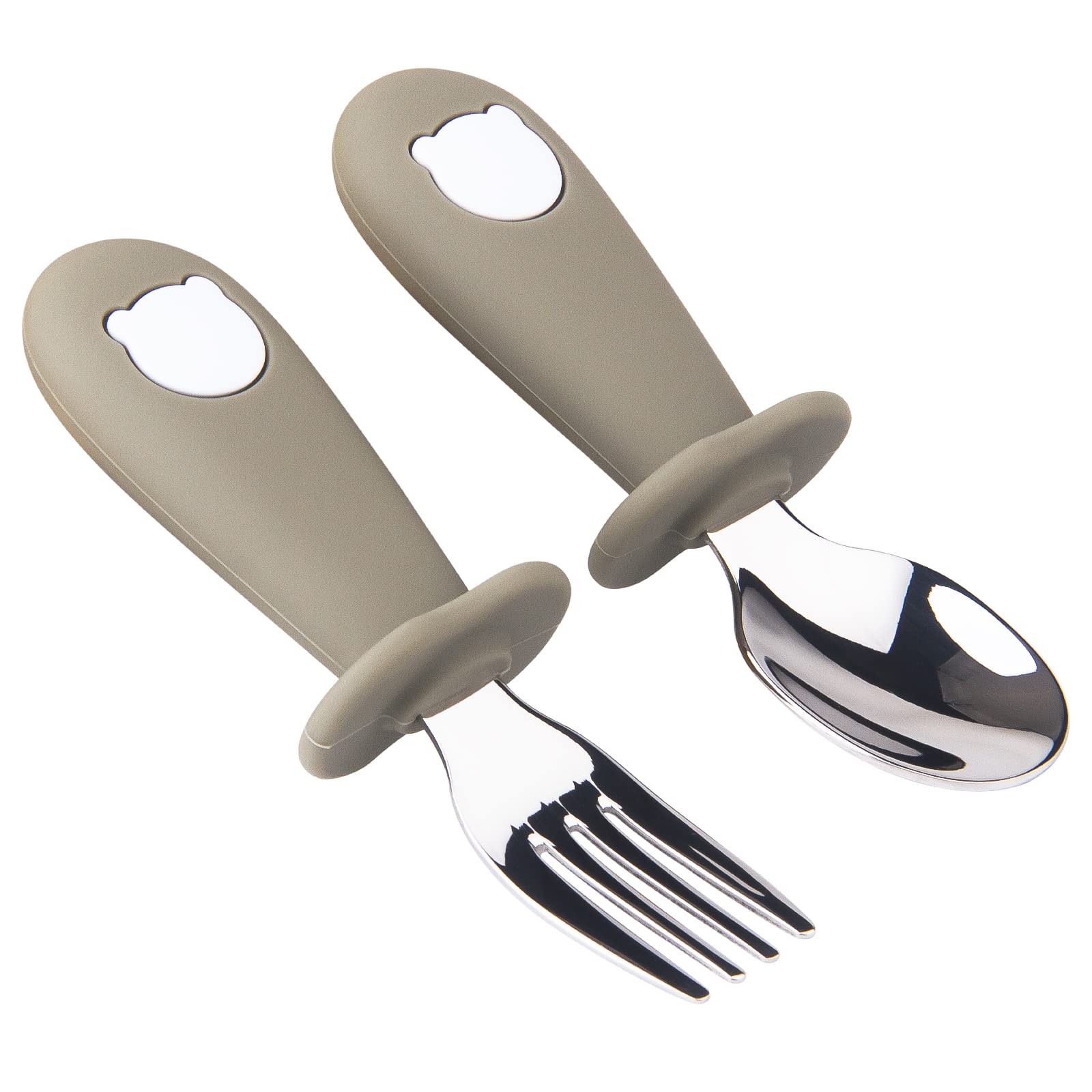 

Набор детских ложек и вилок для удобного захвата. Первое детское питание. Детское питание. Набор детских ложек для малышей в 12 месяцев. Младенцы, малыши, столовые приборы. серый