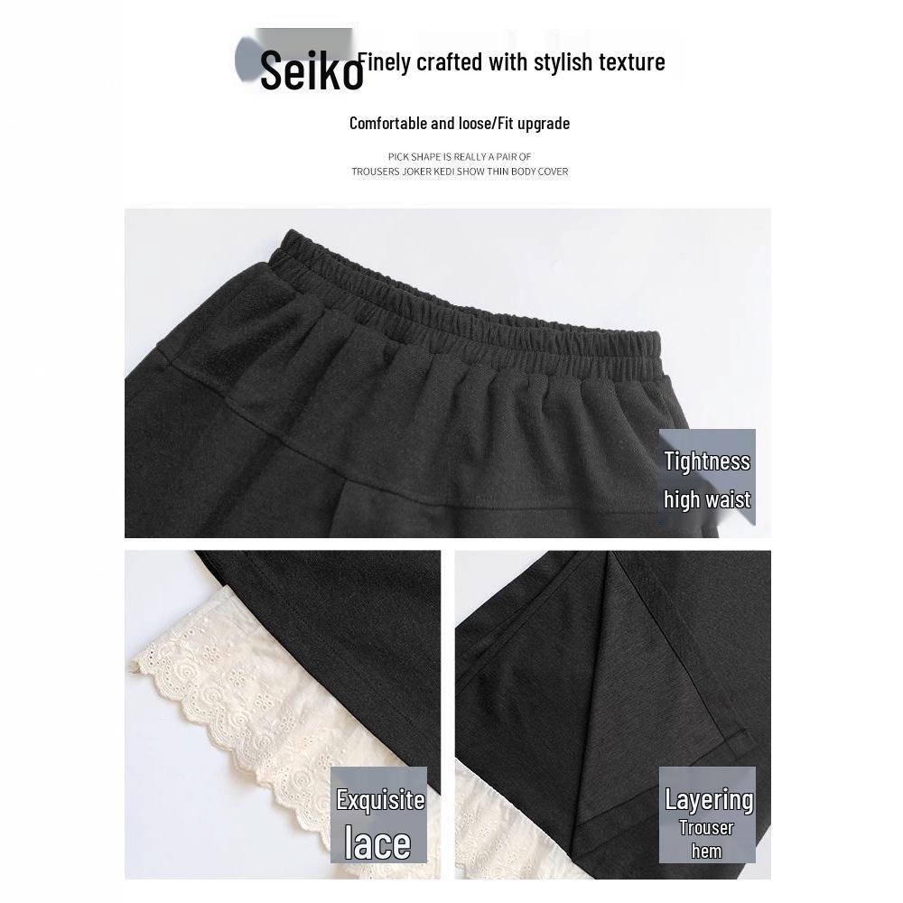 Patchwork Lace Trim High-Waisted Woolen Wide-Leg Pants for Women - Autumn/Winter Plus Velvet Casual Loose Fit.