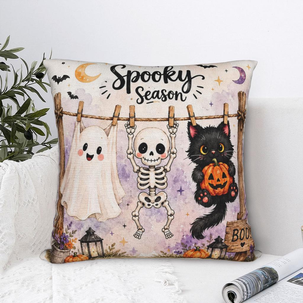 Halloween Black Cats Square Pillow Case Spooky Season Skull Ghost Cushion Cover Funny Zipper Decor Pillowcase for Home 40x40cm