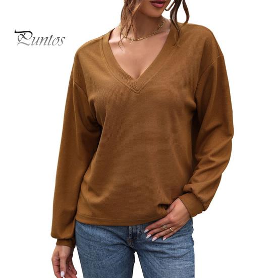 

Женская футболка с V-образным вырезом и длинным рукавом, однотонная свободная футболка, мягкий эластичный пуловер, топы на каждый день S коричневый