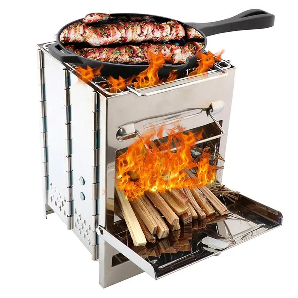 1 Pcs Mini Outdoor Firewood Stove Camping Cooking Picnic Travel Stainless Steel Square Wood Stove Charcoal Folding Grill BBQ