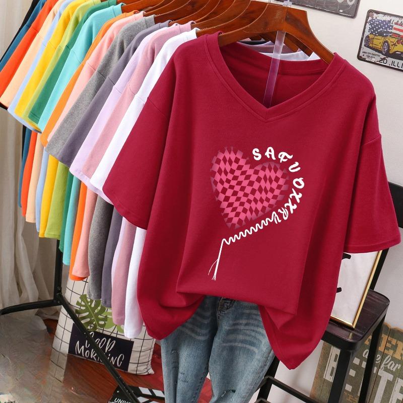 Camiseta de manga curta, Solta, Top V-neck Estampado Emagrecedor para Mulheres