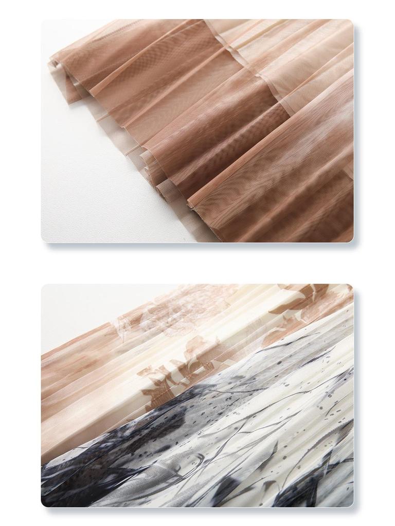 2025 New Ink Painting Midi Skirt for Women: Spring/Summer Slimming Pleated A-Line Umbrella Skirt