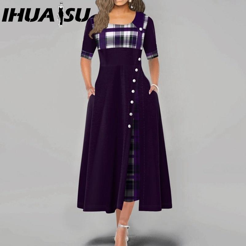 

IHUASU Женское модное повседневное платье макси с нерегулярным принтом в клетку на пуговицах, с коротким рукавом и круглым вырезом, больших размеров, для вечеринок XXL фиолетовый