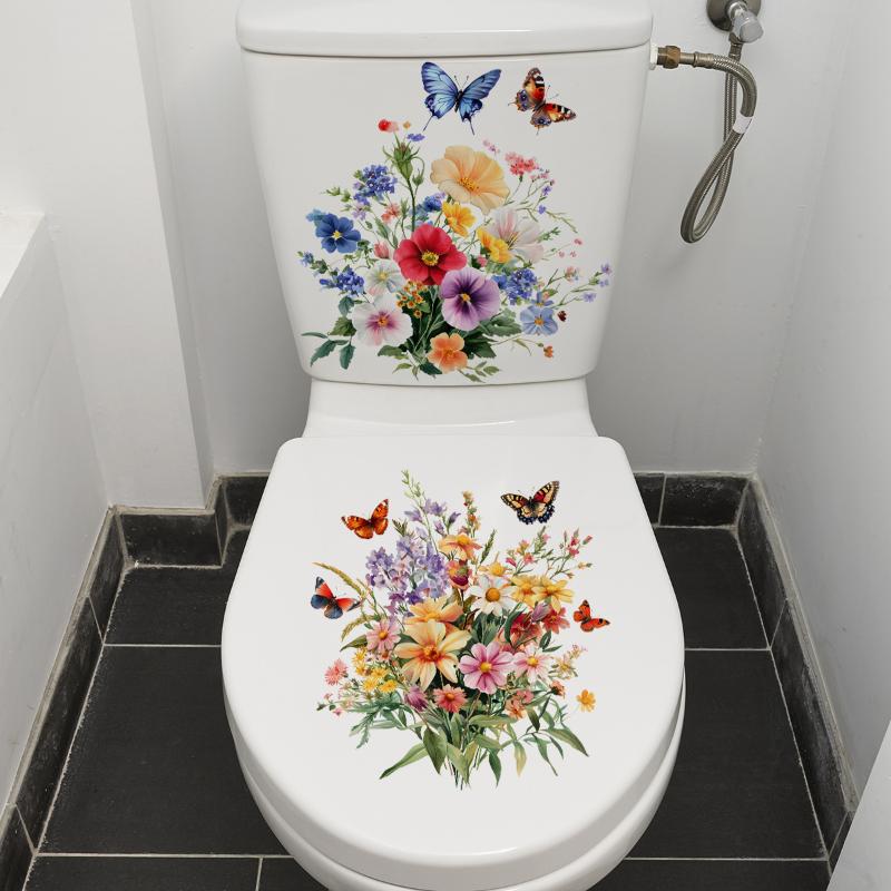 Çiçek Desenli Tuvalet Çıkartmaları Banyo Dekorasyon Çıkartmaları Dekor Kendinden Yapışkanlı Duvar Kağıdı Çıkarılabilir PVC Su Geçirmez Çıkartma