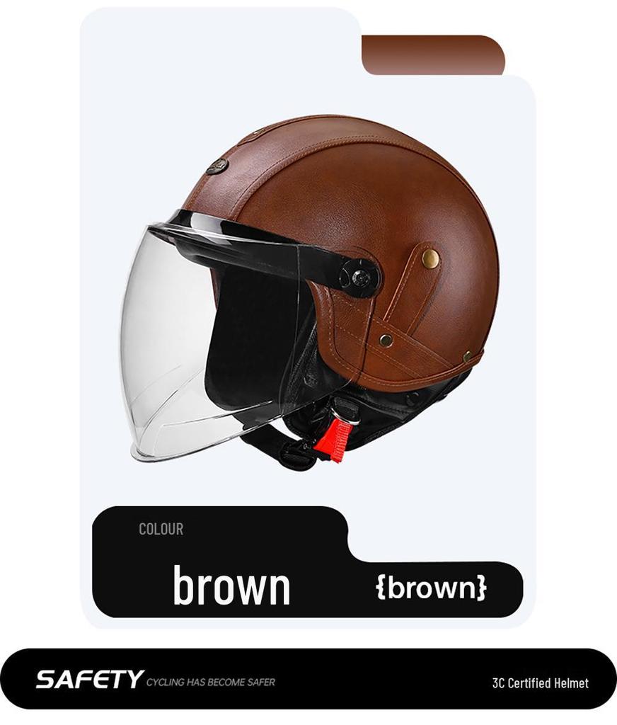 3C Certified Retro Motorcycle Half Helmet, Unisex Leather 3/4 Helmet, All-Season Warm Safety for Motorbikes & Electric Vehicles.
