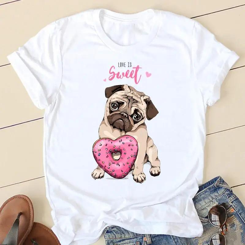 Sweet Love Pug Streetwear White Fashion Women T-Shirts Harajuku Kawaii Clothes Short Sleeve Summer Tee Casual Female Tops O-Neck