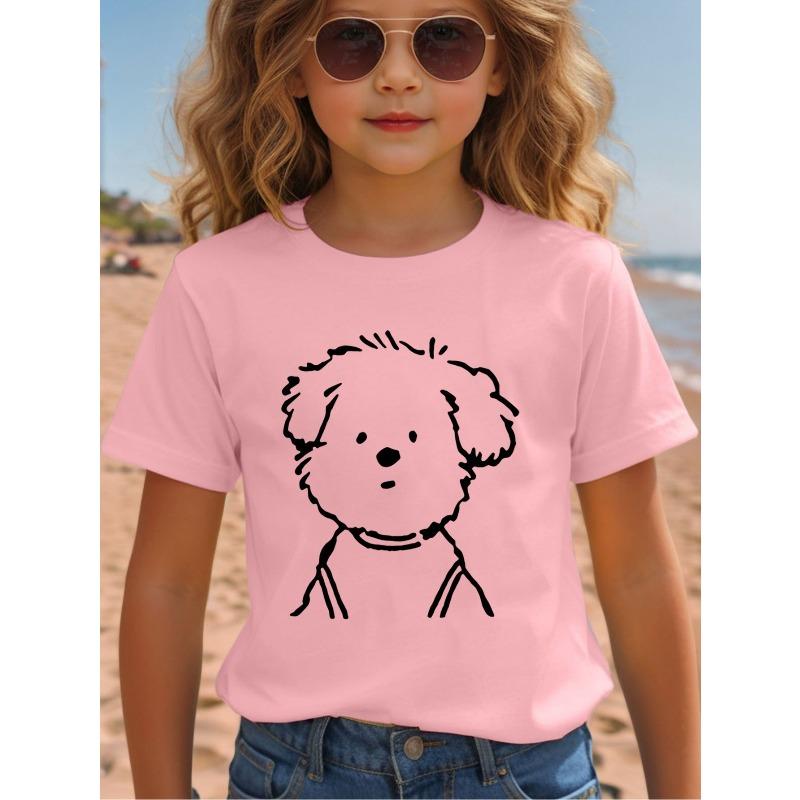 European Size Girls Round-neck Short-sleeved T-shirt with Simple Puppy Pattern Print