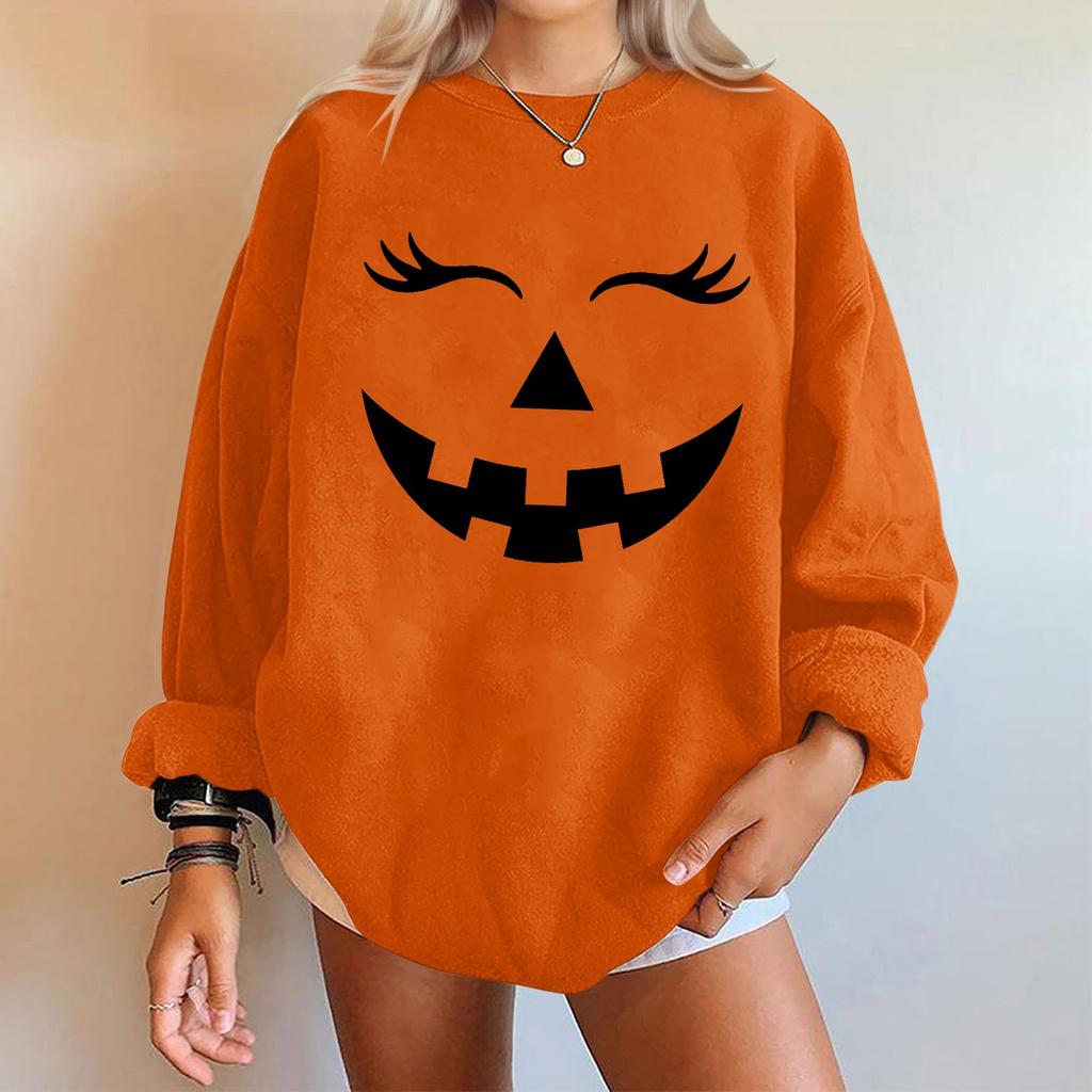 Women's Halloween Pumpkin Face Sweatshirt - Long Sleeve Casual Pullover for Fall