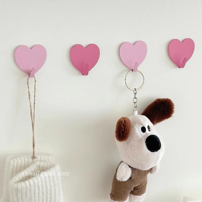 5Pcs Self Adhesive Wall Clothes Towels Hanger Pink Heart Shape Hook Stainless Steel Sticky Key Hooks Child Cute Room Decor Hook