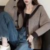 Lockerer Colorblock-Kapuzenpullover Damen Strickjacke Dicke Jacke