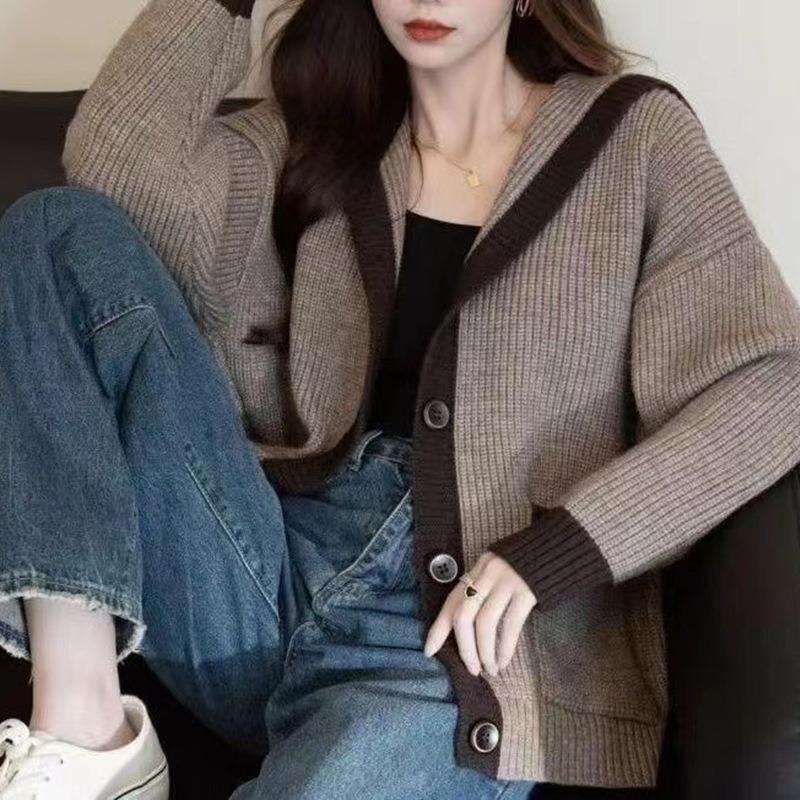 Lockerer Colorblock-Kapuzenpullover Damen Strickjacke Dicke Jacke