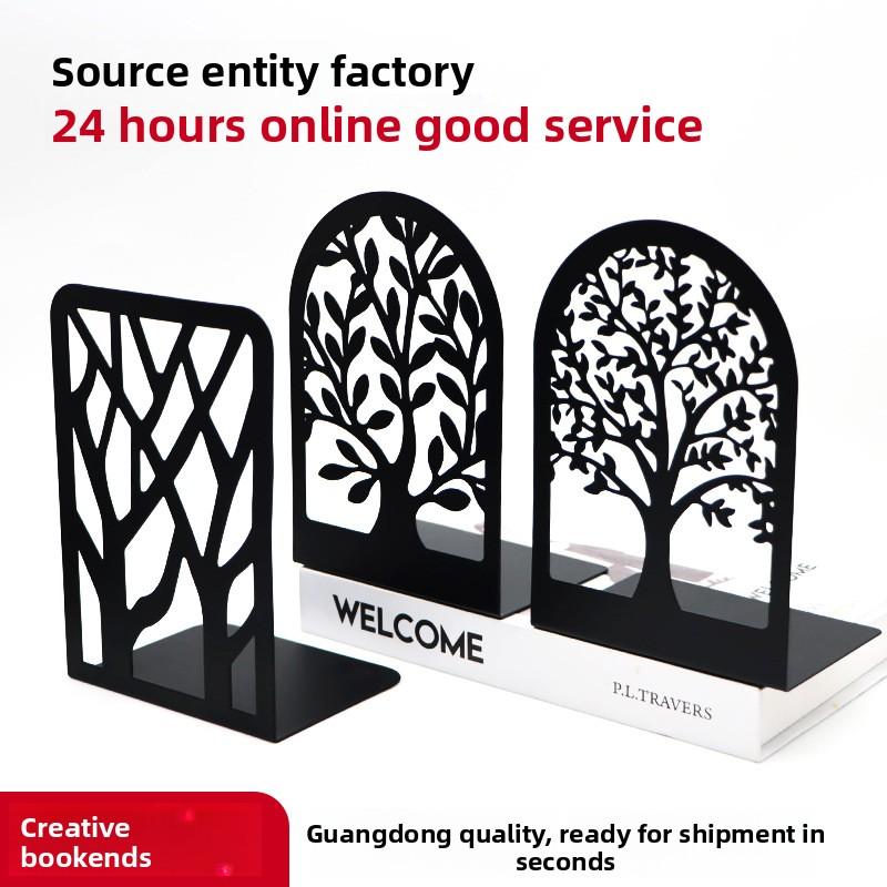 Creative Metal Hollow L-Shaped Tree Pattern Cartoon Bookends & Book Stopper-Decorative Desktop for Students Office Home
