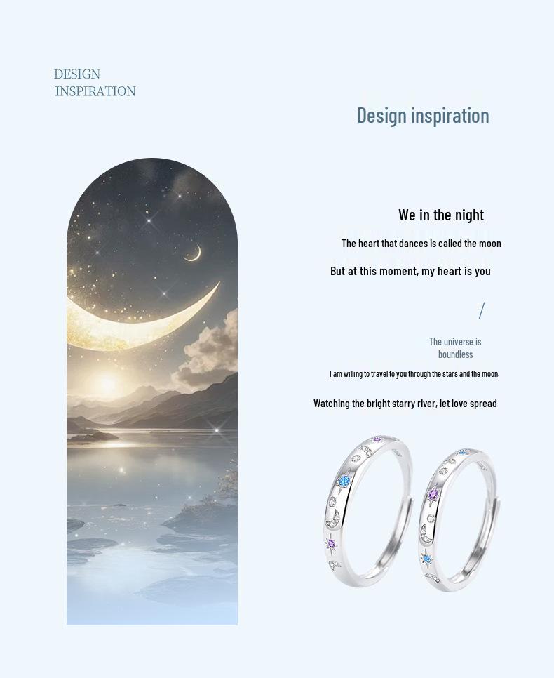 Tichia Star & Moon S925 Sterling Silver Adjustable Unisex Couple Rings - Original Niche Design
