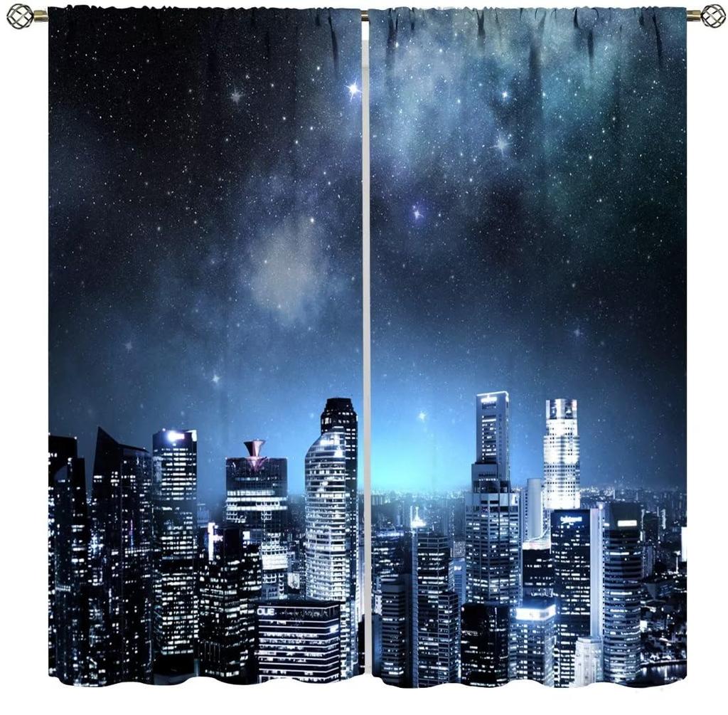 Starry Urban Nightscape Blackout Curtain 2 Panels Water Reflection City Building Print Window Drape for Bedroom Gaming Studio
