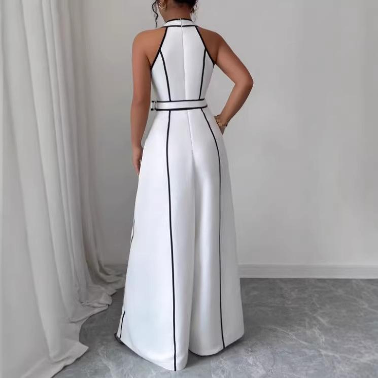Amazon European and American cross-border women's new French striped sleeveless V-neck black and white contrasting wide-leg jumpsuit
