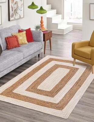 Aizza Trends Indian Handmade Braided Natural Jute with White Box Design Area Rug- Jute Rug- Dining Room- Living Room