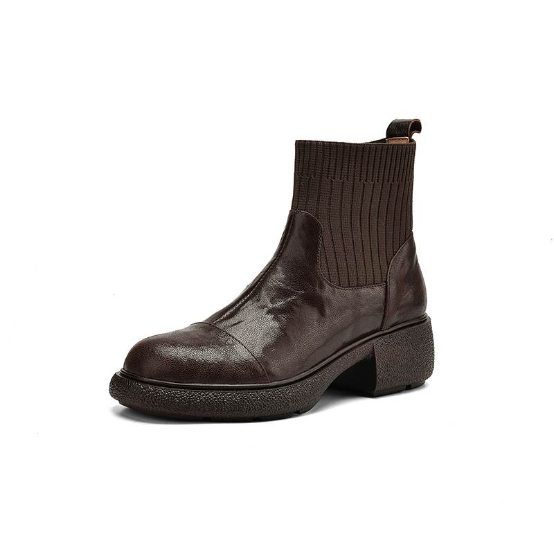 Krazing Pot Sheepskin Pleated Decoration Autumn Winter Shoes Chunky Heels Size 43 Size 42 Round Toe Slip on Retro Knit Wear Ankle Boots