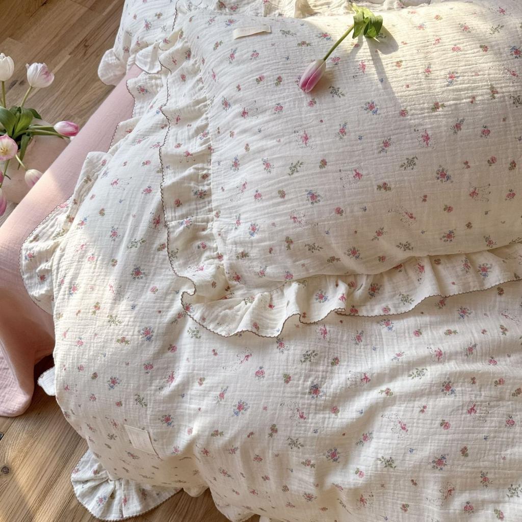 INS Princess Ruffle Edge Gauze 100% Cotton Pillow Case Breathable Duvet Cover Without Filler 3PCS Floral Home Bedding Set