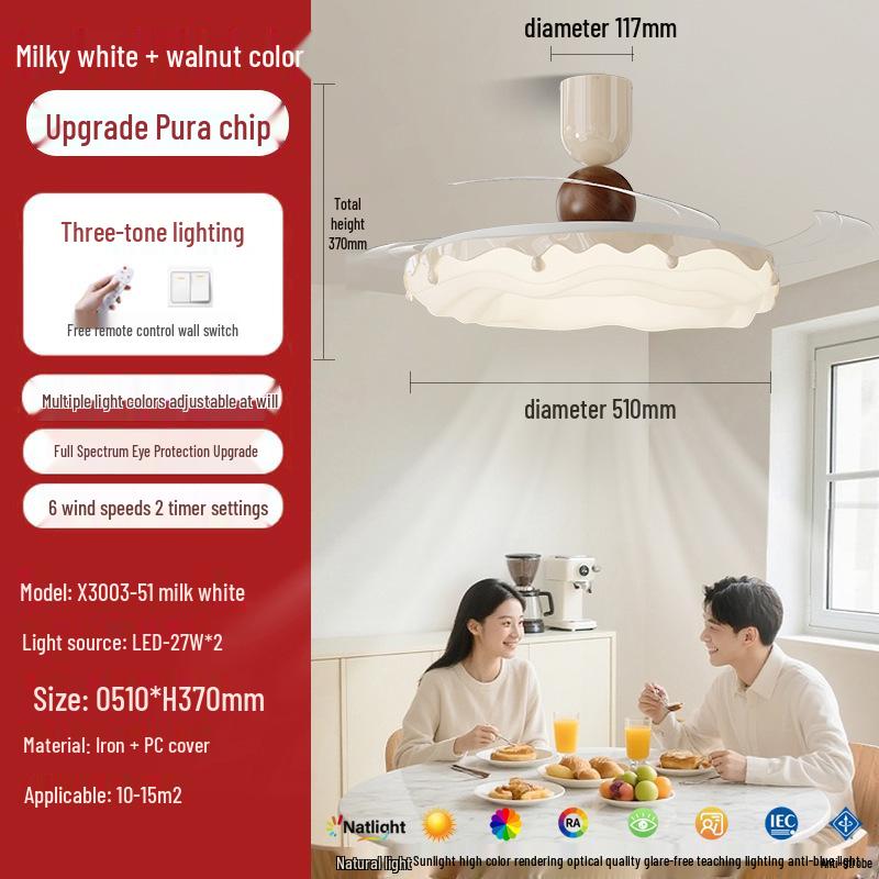 

Vintage Cream Minimalist Full Spectrum Ceiling Fan with Integrated Light Three-color light + fan remote
