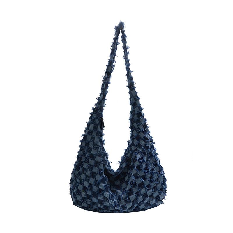 Denim Plaid Shoulder Bag With Zipper Closure For Casual Urban Style