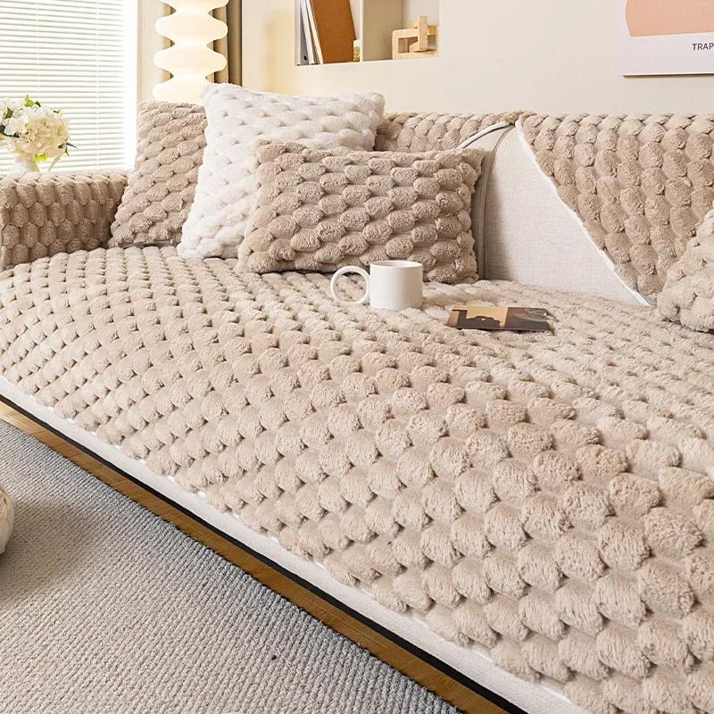 1Pcs Winter Thick Warm Plush Sofa Cover Anti Slip Cat Scratch Simple Solid Color Universal Dustproof Seat Cushion Home Decor
