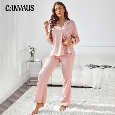 Plus Size Women's Autumn V Neck Lace Long Sleeve Trousers New Solid Color Home Wear Suit