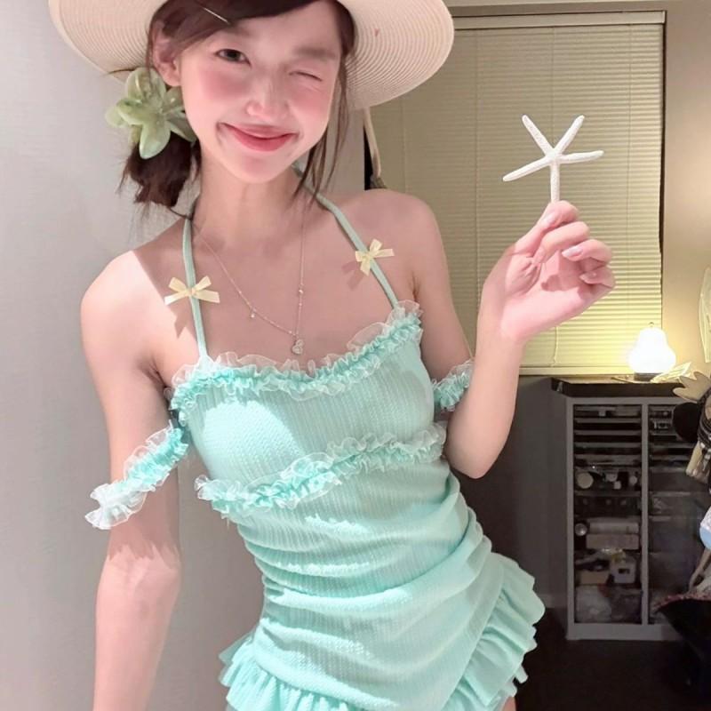

Mint Green One-piece Swimsuit Women s Lace Slim Conservative Small Chest Girl s Bow Fresh Pure Style XL м ята зелений колір
