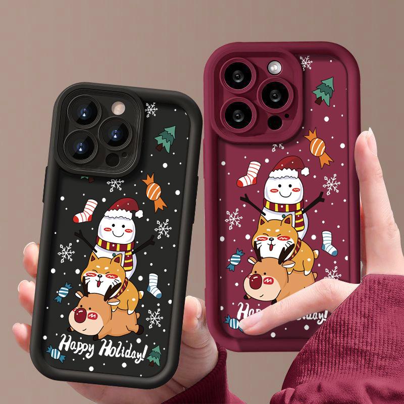 

Милый рождественский принт лося и кота для iPhone 16 15 14 Pro Max 13 12 Pro 11 XR XS 8 7, рисунок снеговика, защита линз, матовый противоударный мягкий бампер из ТПУ iPhone 15 чёрный