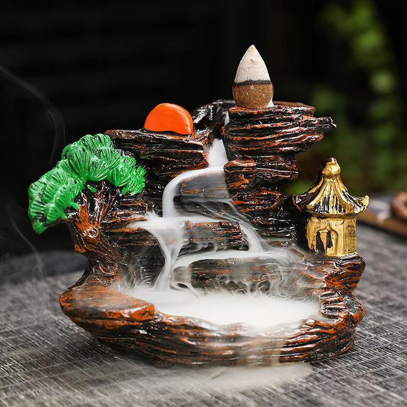 Creative Resin Backflow Incense Burner - Mountain Stream Design, for Sandalwood and Agarwood, Indoor Home Décor