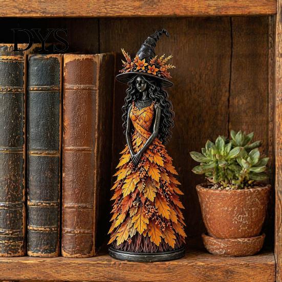 Small Witch Sculptures for Bookshelf Seasonal Figurine Ornament, Handcrafted Resin Statue Halloween Thanksgiving Holiday Party Prop Decorations