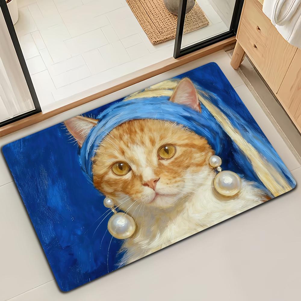 Girl with a Pearl Earring Cute Cat Microfiber Decorative Versatile Flannel Door Bath Floor Mat Quick Dry Absorbent Non-slip Sole