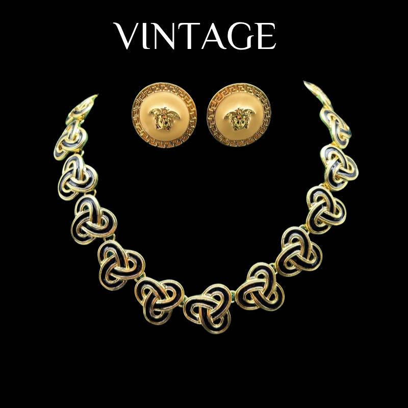 

Vintage With Same Design Sense Retro Black Gold Color Necklace Earring Set