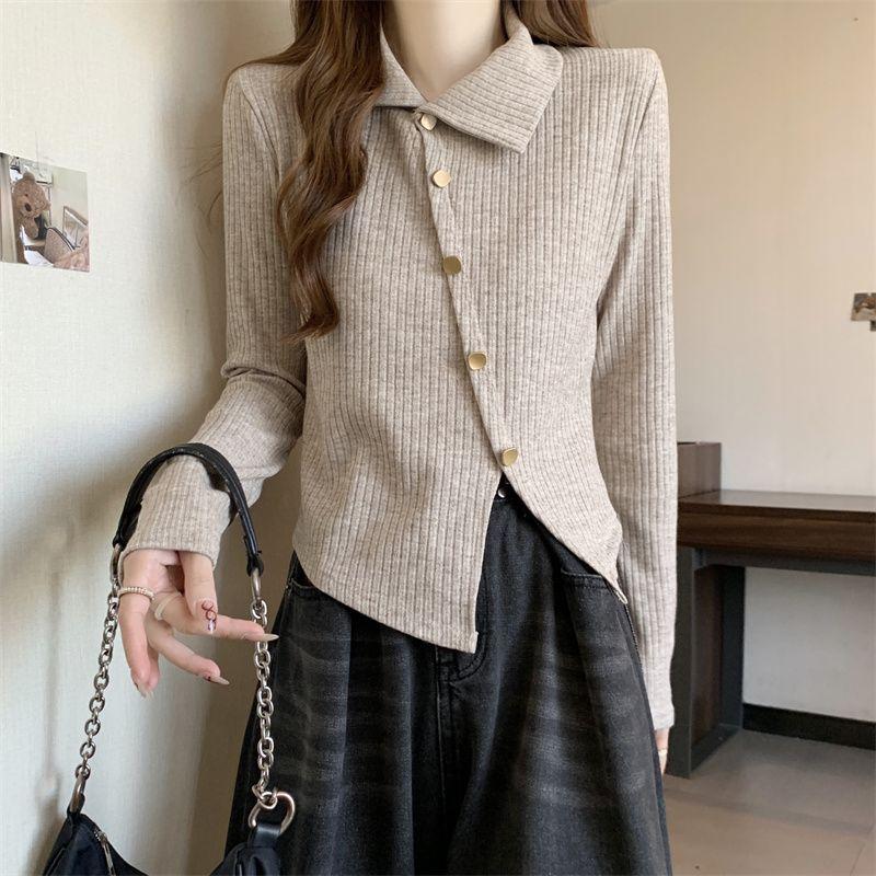 Women's Pullover Knitted Sweater Base Shirt for Autumn and Winter Lapel Long Sleeved Top
