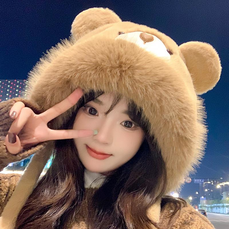 

Cute cartoon plush bear hat gloves set women s season thickened warm big head circumference cycling ear hat one size fits all