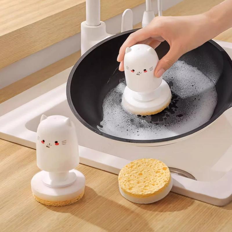 Cute Cat Kitchen Bru Sponge Dishcloth Pot Brush Wood Pulp Cotton Magic Cleaner Brush Special Tool For Kitchen Burning