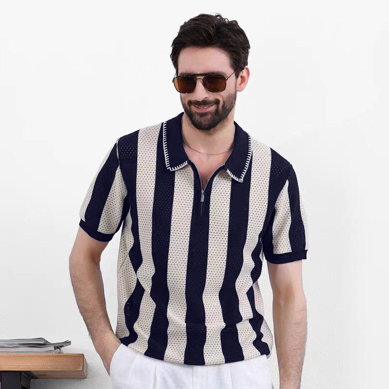 

Дизайнерская сенсация Поло в полоску из ледяного шелка с вырезами Летняя модная личность Крутой отложной воротник Футболка с коротким рукавом Топ 3XL сапфир синий