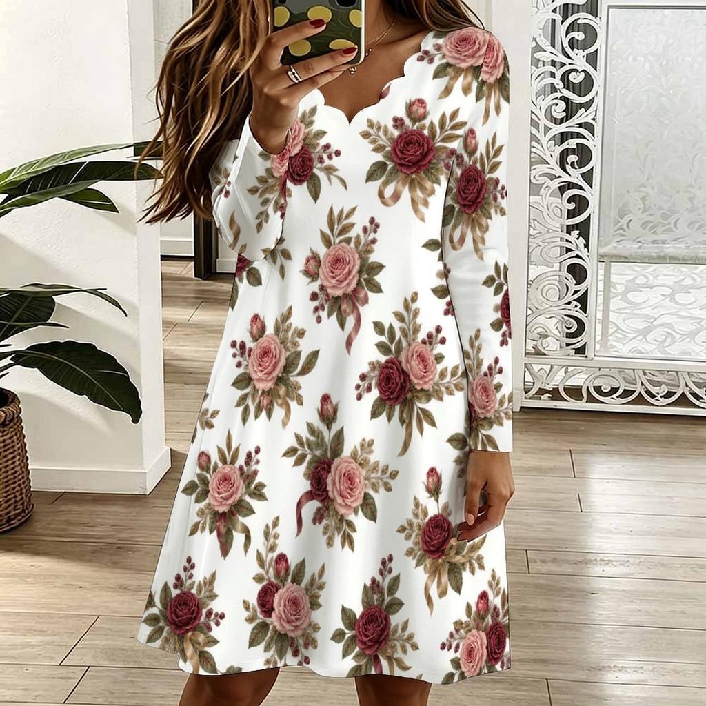 Women Plus Size Scallop V Neck Long Sleeve Floral Printed White Dress