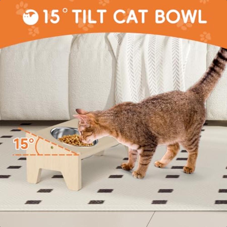 Elevated Cat Bowl 15 Tilted Wooden Cat Bowl Stand with 2 Stainl Bowls for Food and Water Food Bowls Stand for Indoor Cats