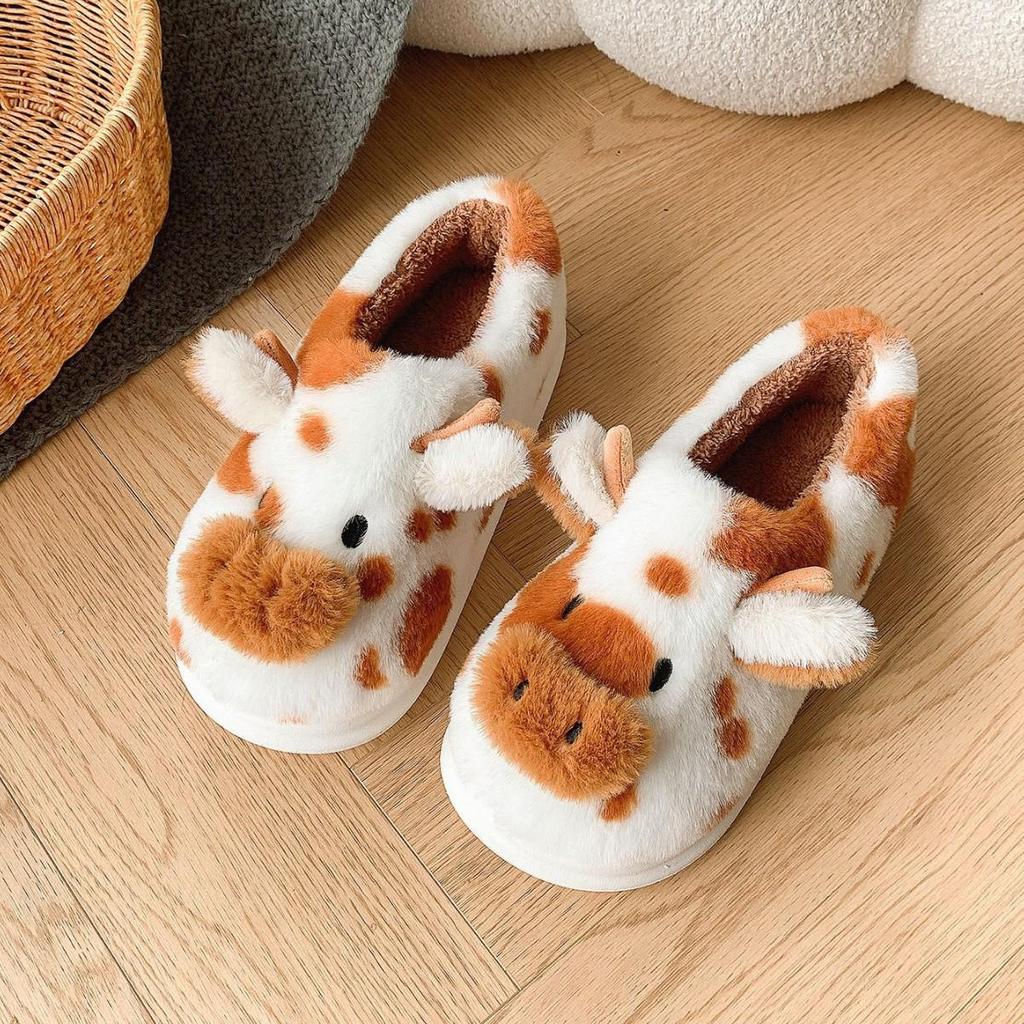 Cartoon Cow Furry Slippers with Thickened Heel, Warm Non-Slip Indoor Winter Clogs