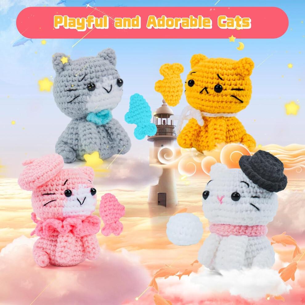 Crochet Kit for Beginners with Step-by-Step Video Tutorials, Learn to Crochet Kits for Adults and Kids, 4 PCS Cat with Hat, Toy, Fish Set