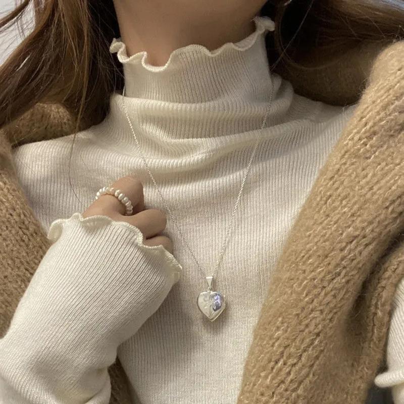 WTEMPO Strickpullover mit hohem Kragen für Damen, lässig, einfarbig, langärmlig, koreanischer Stil, elegant, figurbetont, Strickwaren