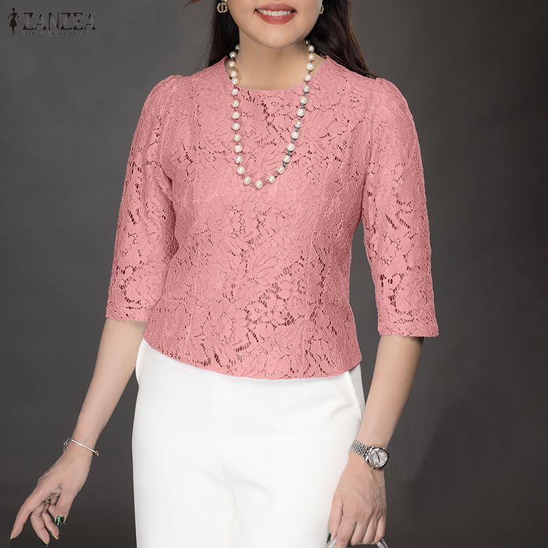 ZANZEA Kadın Günlük Yuvarlak Yaka 3/4 Kol Dantel Patchwork Bluz