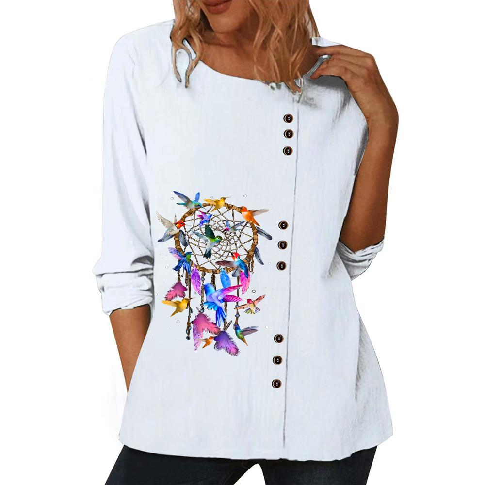 Stylish White Cotton Top with Various Printed Designs for Women, Round Neck, and Long Sleeves